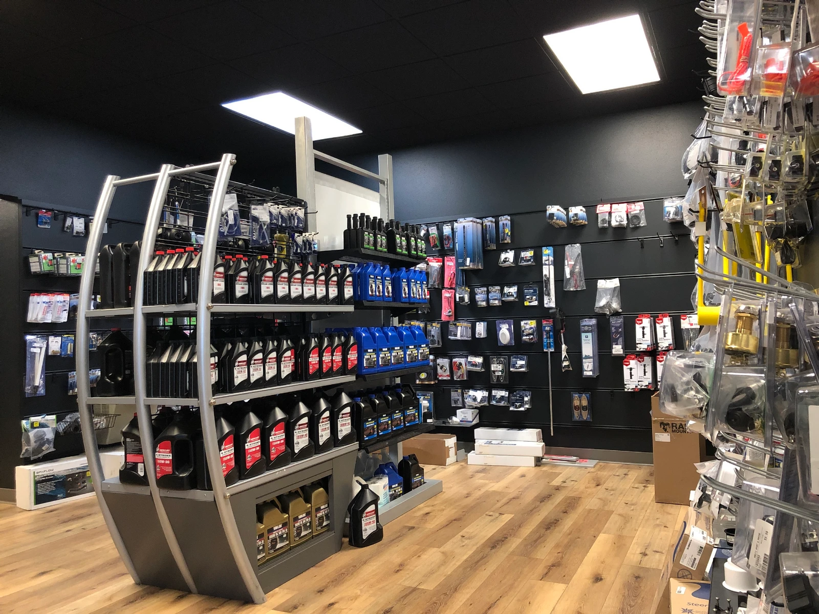Parts, oils and maintenance supplies on display at Moritz Sport & Marine