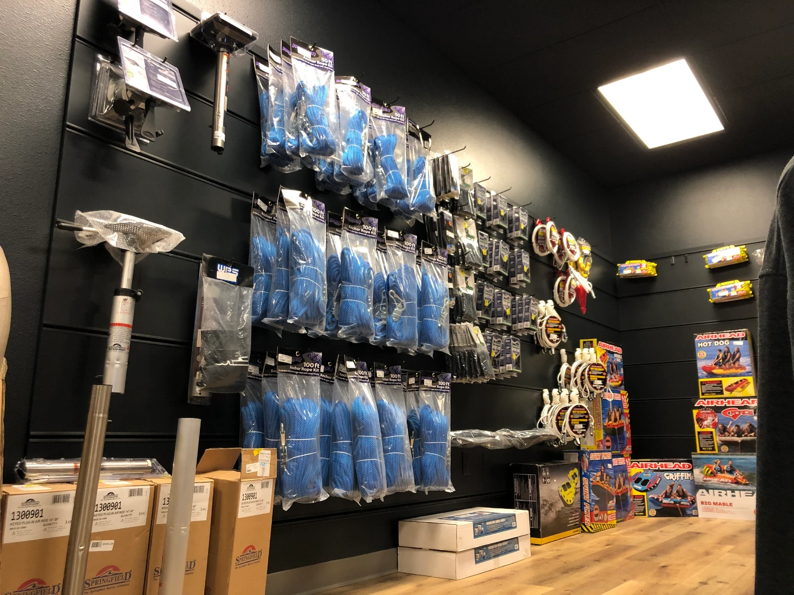 Marine accessories and parts displayed in the Moritz Sport & Marine showroom